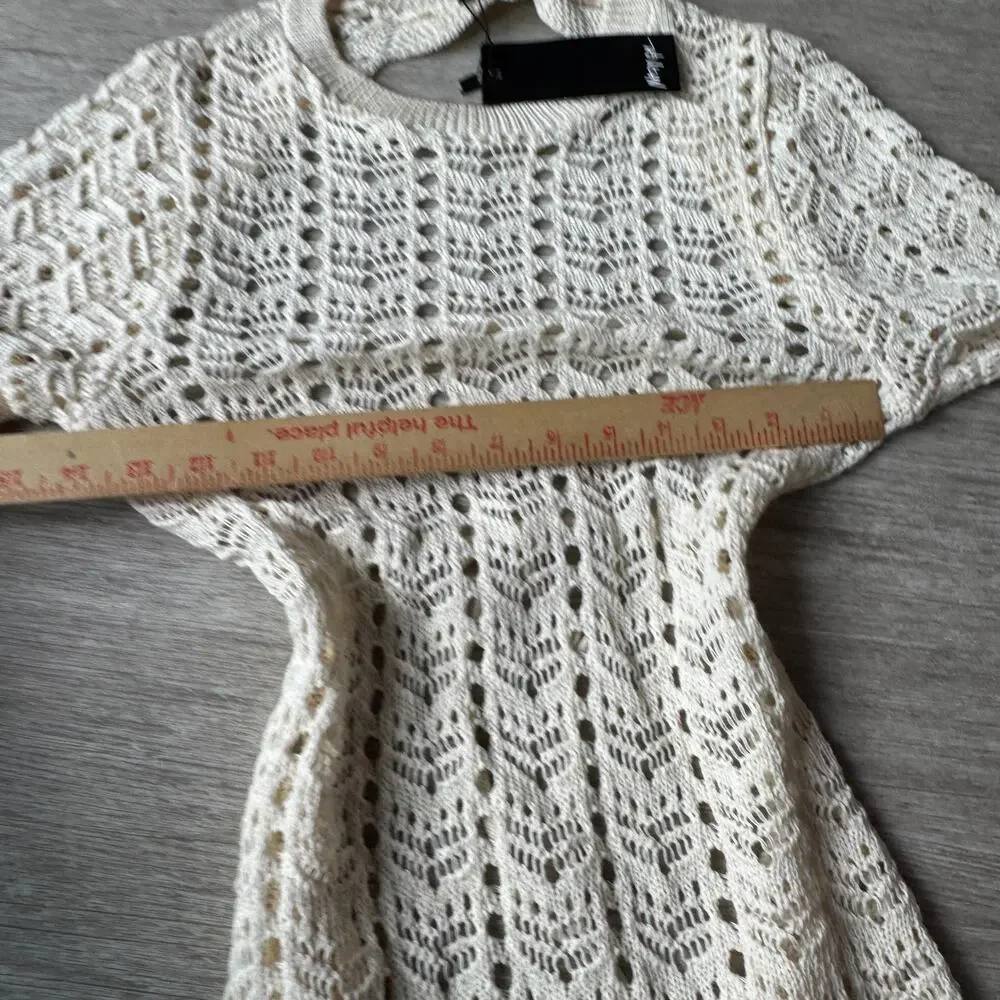 Nasty Gal Crochet Knit Mini Dress NWT US 12 Open Back Cream Long Sleeve Flared - Picture 6 of 8